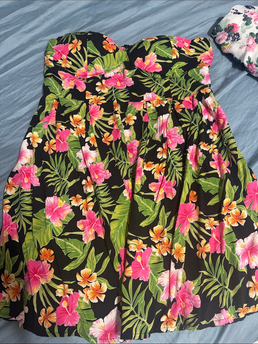 Strapless Tropical Floral Mini Dress in Black with Pink & Green